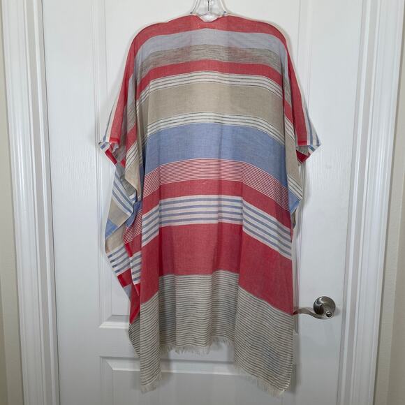 Anthropologie Kimono Swim Cover up Striped Red Blue Gray Cotton Fringe Trim - Picture 4 of 5